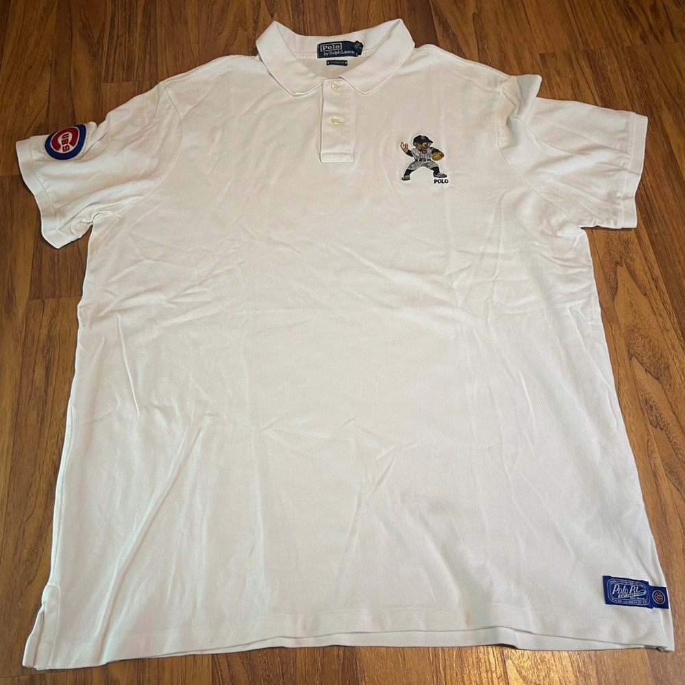 Polo Ralph Lauren Chicago Cubs Polo Bear Shirt Mens XL White Pique Baseball Polo